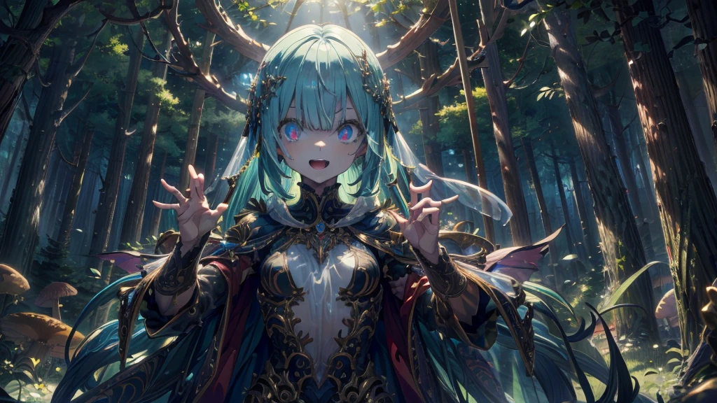 Mysterious Forest、Beautiful mushroom girl, (Translucent skin:1.2), No humans, mushroom head, Partially fused exoskeleton, Beautiful symmetrical eyes, (Intricate details:1.4), (Very detailed face and eyes:1.2), Slim figure, Raise your hands in a threatening pose, anime, Fantasy, Detailed Background, 2D, CG, (Very detailed), (High resolution), (Highest quality), (masterpiece) Cute Monster、Laughing with open mouth、lure