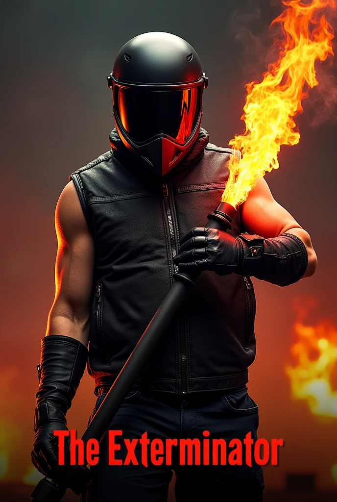 Movie Poster, a man, full-face bike helmet, sleeveless black leather jacket, flamethrower, title logo "The Exterminator",