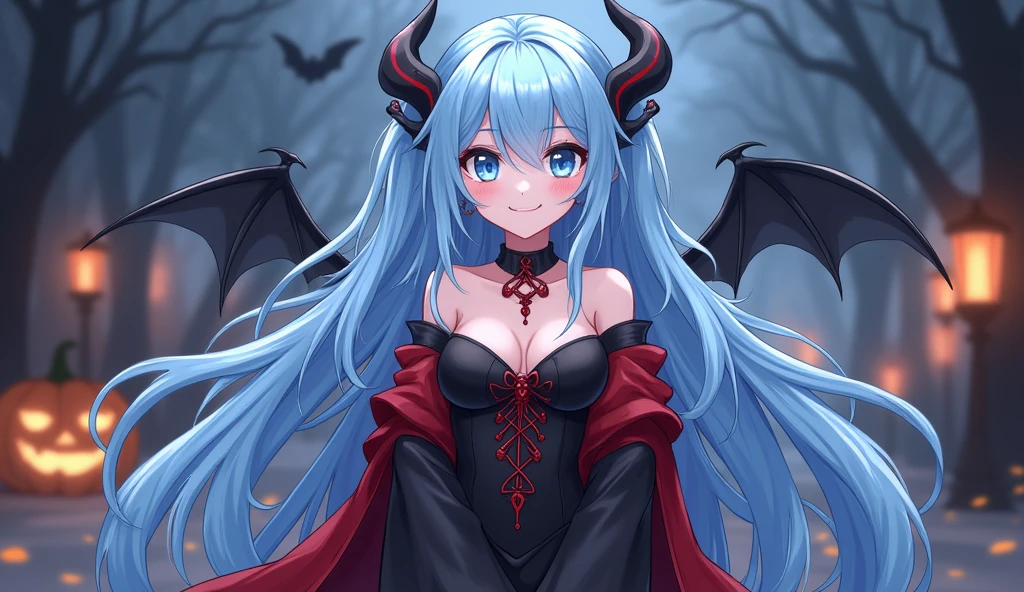 koshkodevochka, Light blue hair, light blue eyes, 2D art, long hair, soft anime style, anatomical proportions in a vampire costume, Halloween, smiling, Interesting composition, interesting pose, style is a journey