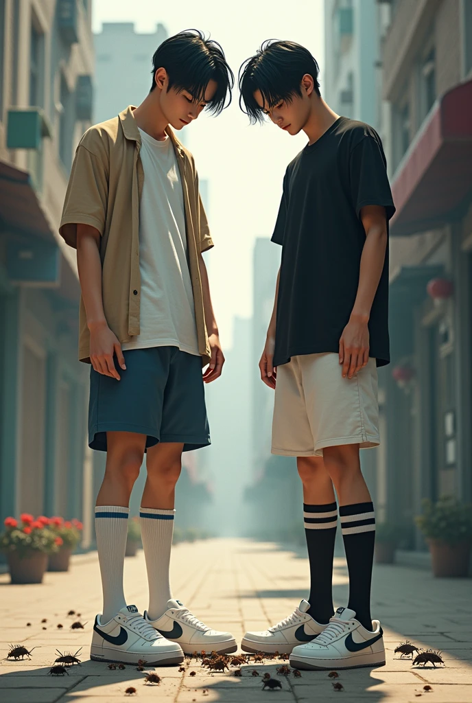 2 handsome asian male teenagers with tall and slim bodies and black hair. 1st asian wears a white t shirt with a beige cardigan, long white socks with 2 blue stripes on it, and white air force ones. 2nd wears a black t shirt, white shorts, long black socks with 2 white stripes, and air jordans. Both are stomping and crushing bugs 