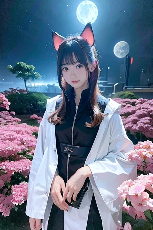 Living in the future, in the year AD 2184, multiple species coexist on an artificial planet outside of Earth. Create image of a Japanese woman 18 years old. She has alien tail because her dad is an alien. No pant. Showing vagina or nipples.