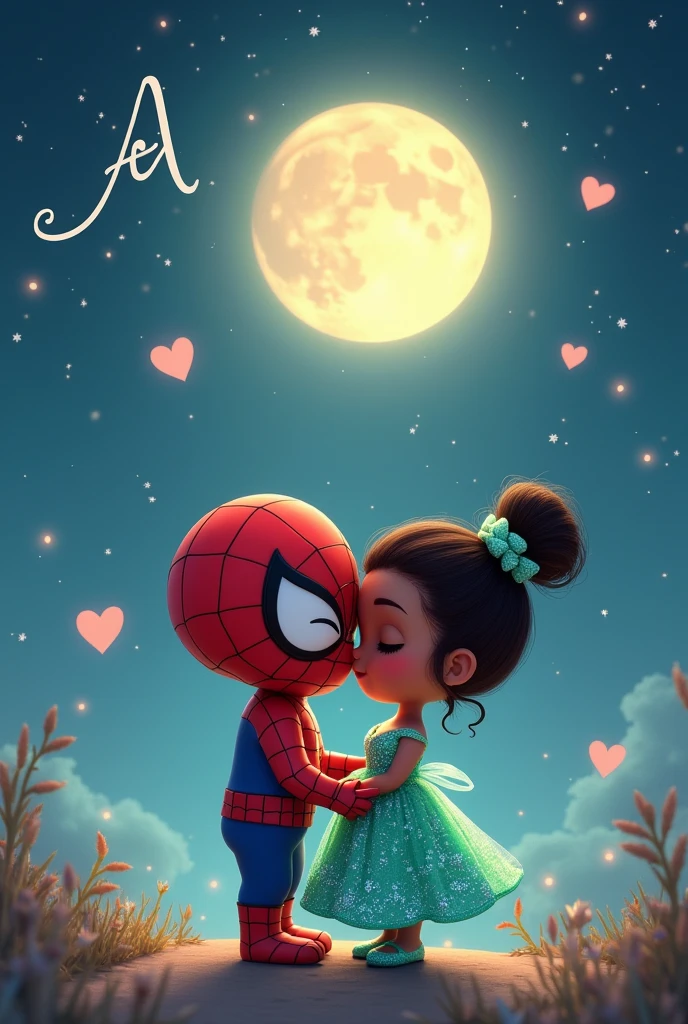 Tiana con un inestido inerde de princesa con diamantes decorando su inestido besando a spiderman pero la imagen debe ser chibi y tierno y el fondo debe ser de noche con la luna y con muchas estrellas como einangeline la que sale en la película, There should be little hearts around the couple that light them up and the initials come out "A"   " in " together in some upper corner with pretty handwriting