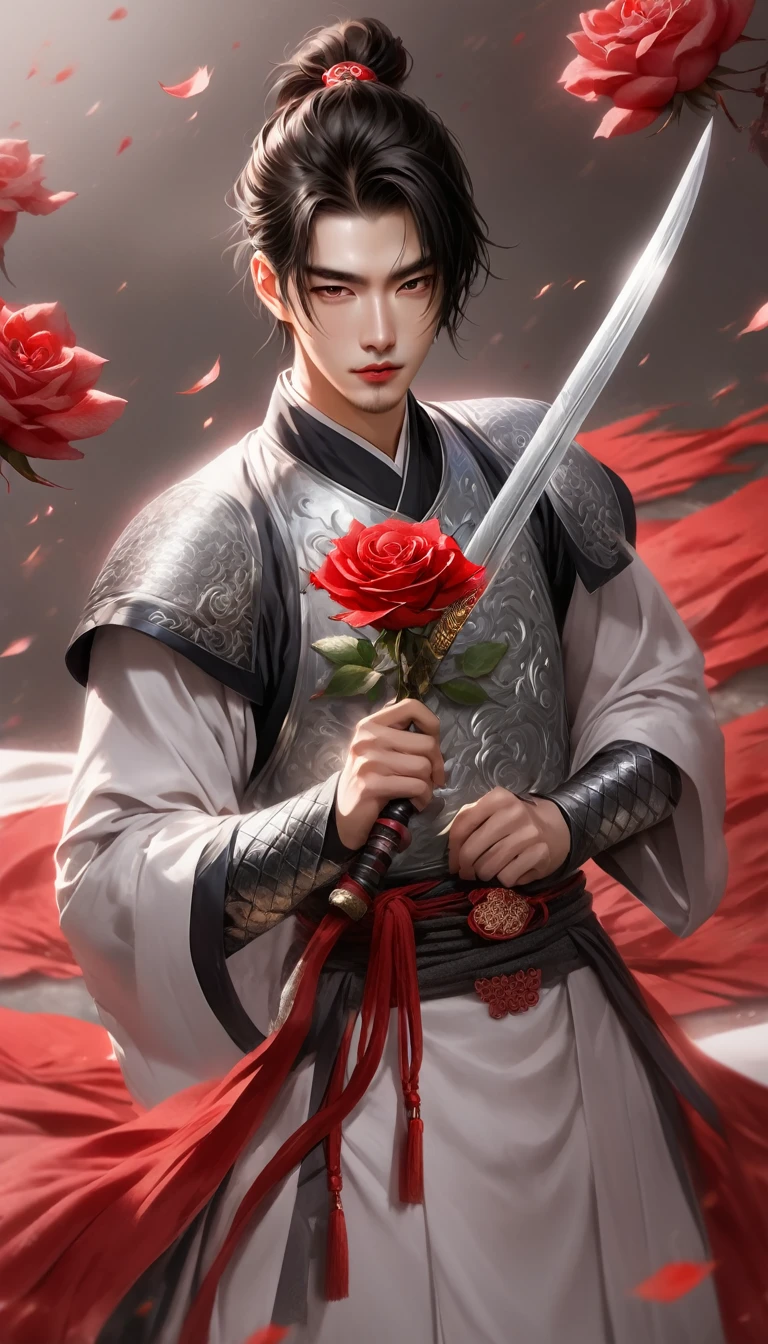 warrior，young man、juvenile、knife、Hanfu，robe，Handsome Face Shape，handsome man、lively, silver body armour, biting a red rose in his mouth, holding a sword