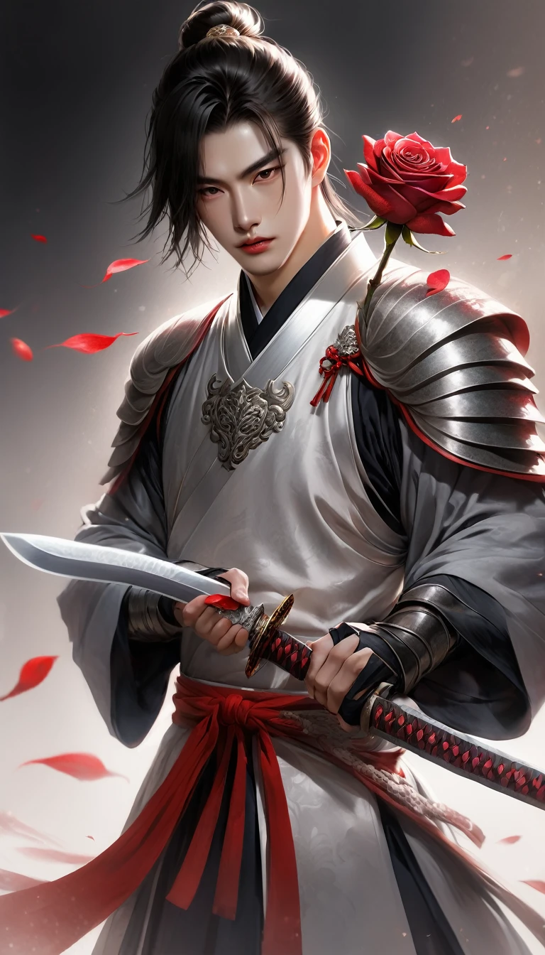 warrior，young man、juvenile、knife、Hanfu，robe，Handsome Face Shape，handsome man、lively, silver body armour, biting a red rose in his mouth, holding a sword