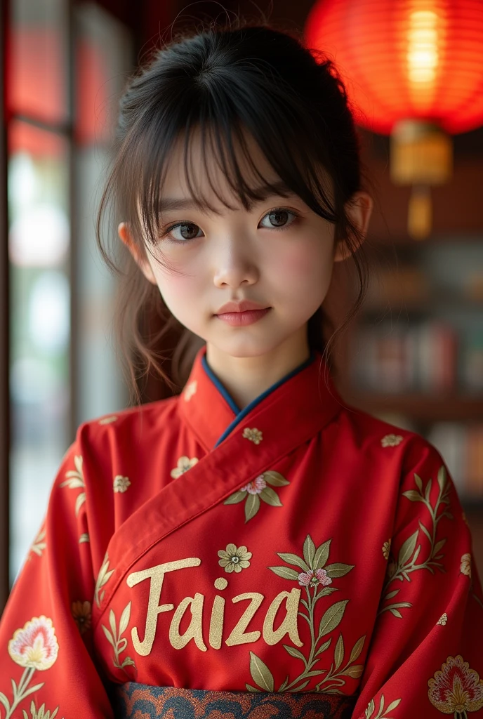 a beautiful japanese girl wearing a red tea shirt written a name "Faiza" on it
