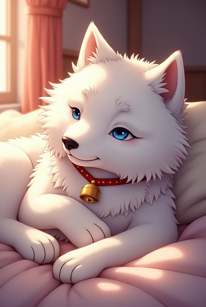 Furry white anime wolf with blue eyes with a red collar and bell lying on a bed