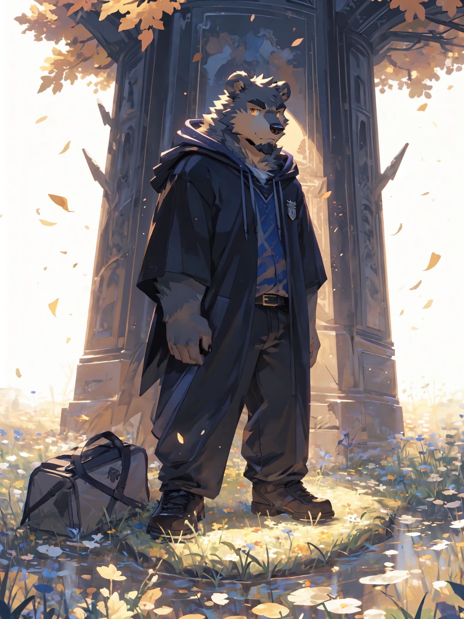 (masterpiece:1.2), best quality,pixiv,official art,perfect anatomy, (Ray tracing, light),solo, (1_male:1.3) , (muscle), (grey fur:1.4), (muscle bear), (beard:1.2), (gleaming golden eyes), bear tail, full body, Thick black eyebrows, Harry potter style,WIZARDRY UNIFORM,HOGWARTS,(hoodie cloak:1.3),cardigan,short shirt,pants,short boots,full body,(pure white background: 1.3), looking at viewer,dynamic pose,flower field, autumn, fallen leaves, big tree, river