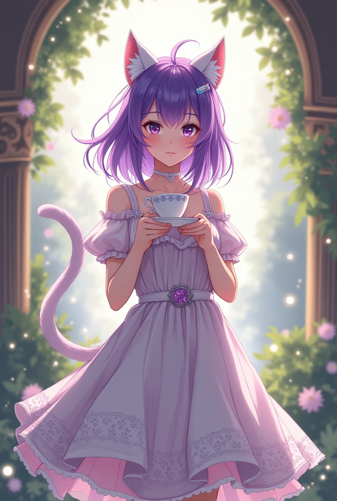 Anime girl purple hair standing, wear a dress content about tea cup royal, have white tail and white ear cat