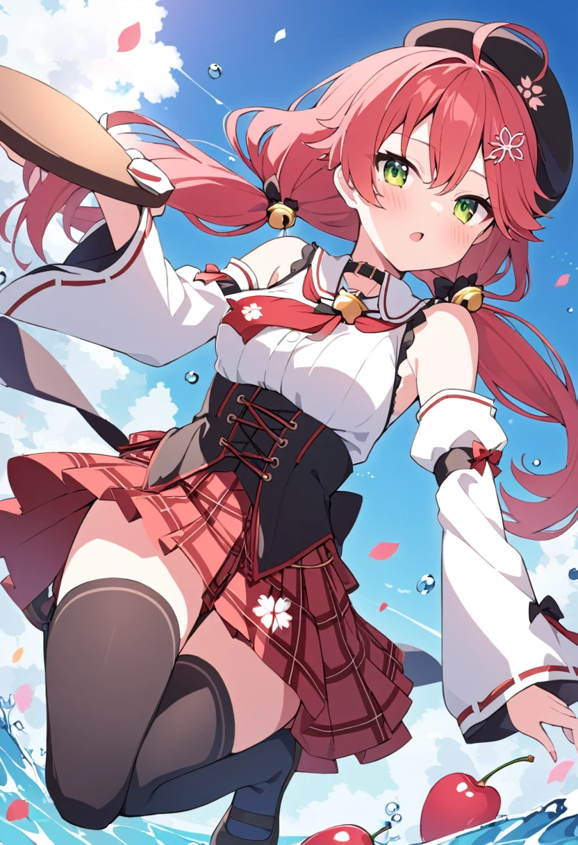 {sakura miko, hololive, red long hair, ahoge, low twintails, green eyes, white shirt, red plaid skirt, cherry hair ornament, black beret, corset, detached sleeves, black thighhighs, zettai ryouiki, neck bell, medium breasts}, suisei, aqua, marine,