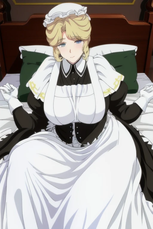 Maria_VM, huge_breasts, standing, solo, VIctorian_Maid_Uniform, masterpiece, best quality, detailed face, detailed eyes, highres, white gloves, long skirt, leaning back, posing, laying down, bed, bedroom 