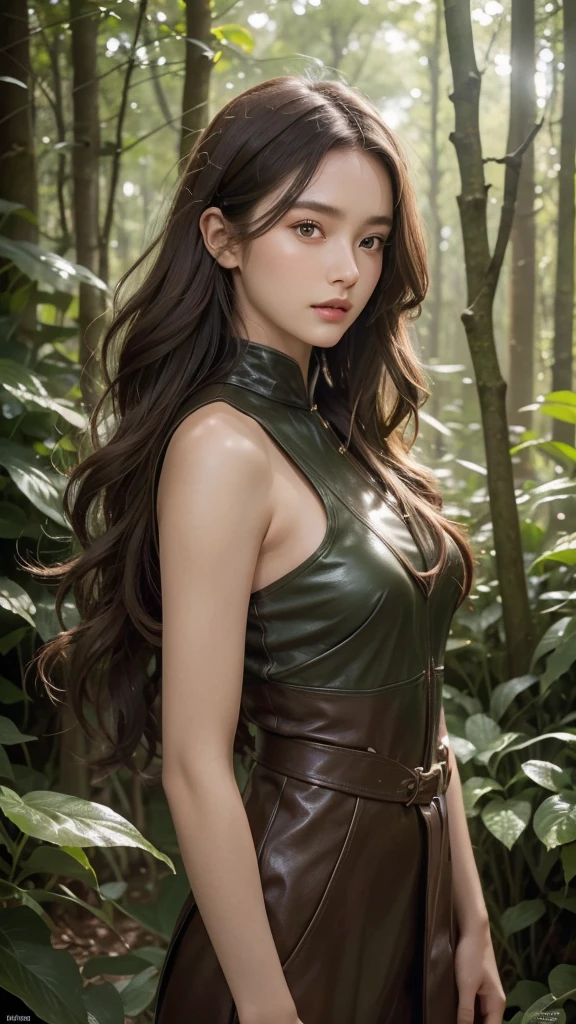 dark skin, detailed beautiful young woman, reddish golden brown hair, long, wavy and messy hair, detaiiled perfect green eyes, delicate symmetric realistic and beautiful face, (magic forest backgroung),  ranger outfit leather armored, fairy, wild flowers blending into hair, full body, masterpiece, absurdres,fine detail, rich colors, dramatic lighting, extremely detailed, cinematic lighting