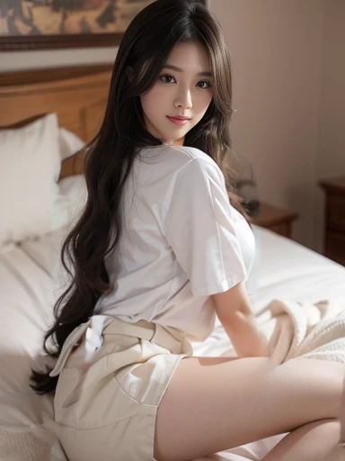 (1girl:1.3), Masterpiece, Best quality, amazing beauty, 4K, absurdres, finely detail, super detailed eye, perfect anatomy, official art, cinematic lighting, BREAK, bedroom, silky long hair, black hair, super shiny detailed brown eyes, Looking at Viewer(camera), closed-mouth smile, shy face, BREAK , big breasts, white skin, sitting bed in bedroom, BREAK , (Short-sleeved shirt:1.2), BREAK,()