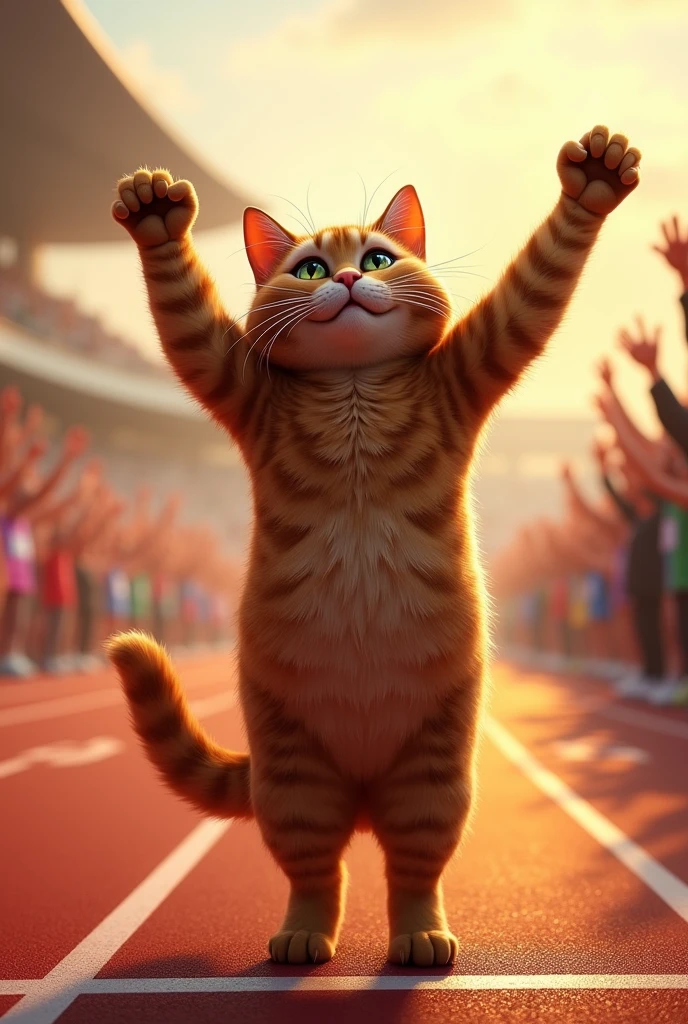 Brown cat celebrating after winning a marathon