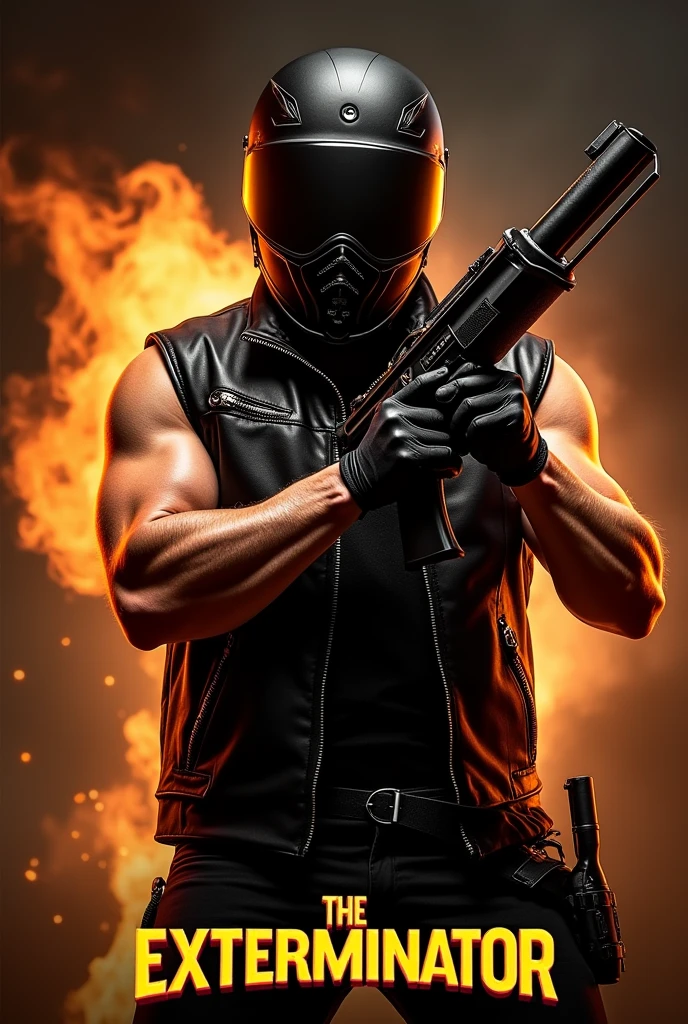 Movie Poster, a man, full-face bike helmet, sleeveless black leather jacket, flamethrower, title logo "The Exterminator",