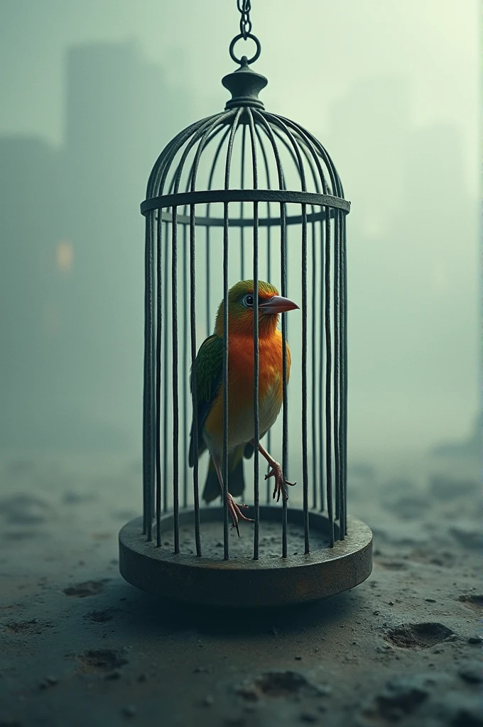 Bird flies into a cage around it is empty