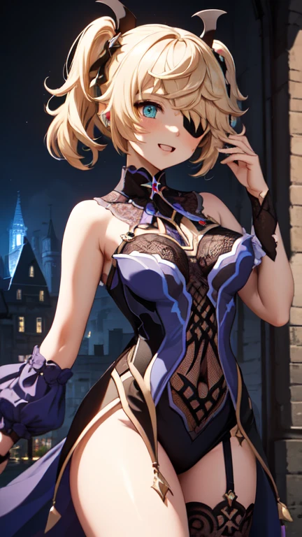 Young blonde girl, black eye patch, twin large ponytails, 
BREAK (masterpiece:1.2), best quality, high resolution, unity 8k wallpaper, (illustration:0.8), (beautiful detailed eyes:1.6), extremely detailed face, perfect lighting, extremely detailed CG, (perfect hands, perfect anatomy), joyful, laughing, Happy, (thigh corset with deep lace neckline), portrait (3:4), posing. In darkness next to a scary castle.