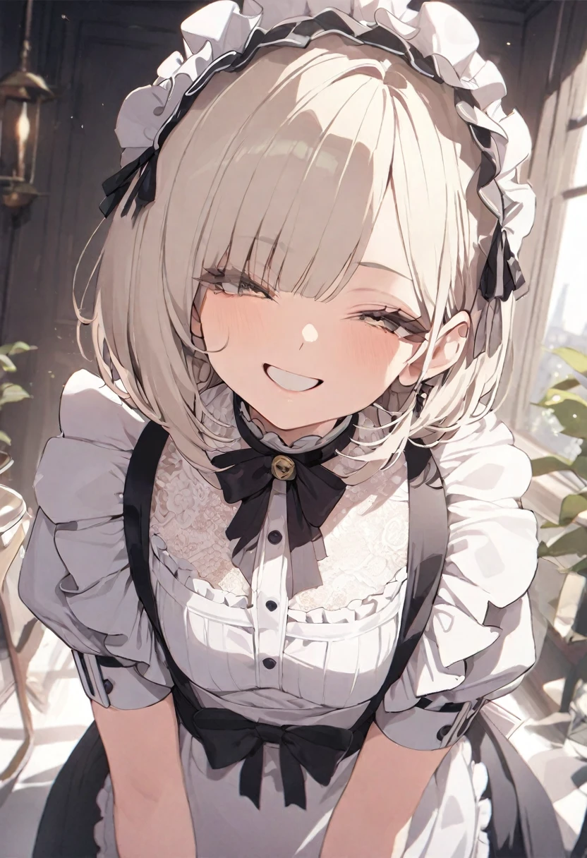 girl, (Puffy eyes:1.05), (White lace shirt), Platinum Blonde Hair, (Angled Bob:1.4), Straight bangs, (Long flowing hair), smile, Happy, happiness, Skin with attention to detail, Skin pores, A surprisingly innocent and symmetrical face, Long eyelashes, Black eyeliner, Light gold eyeshadow, cross_foot, emotion, masterpiece, Highest quality, reality,((Maid clothes/)),(External intervention),