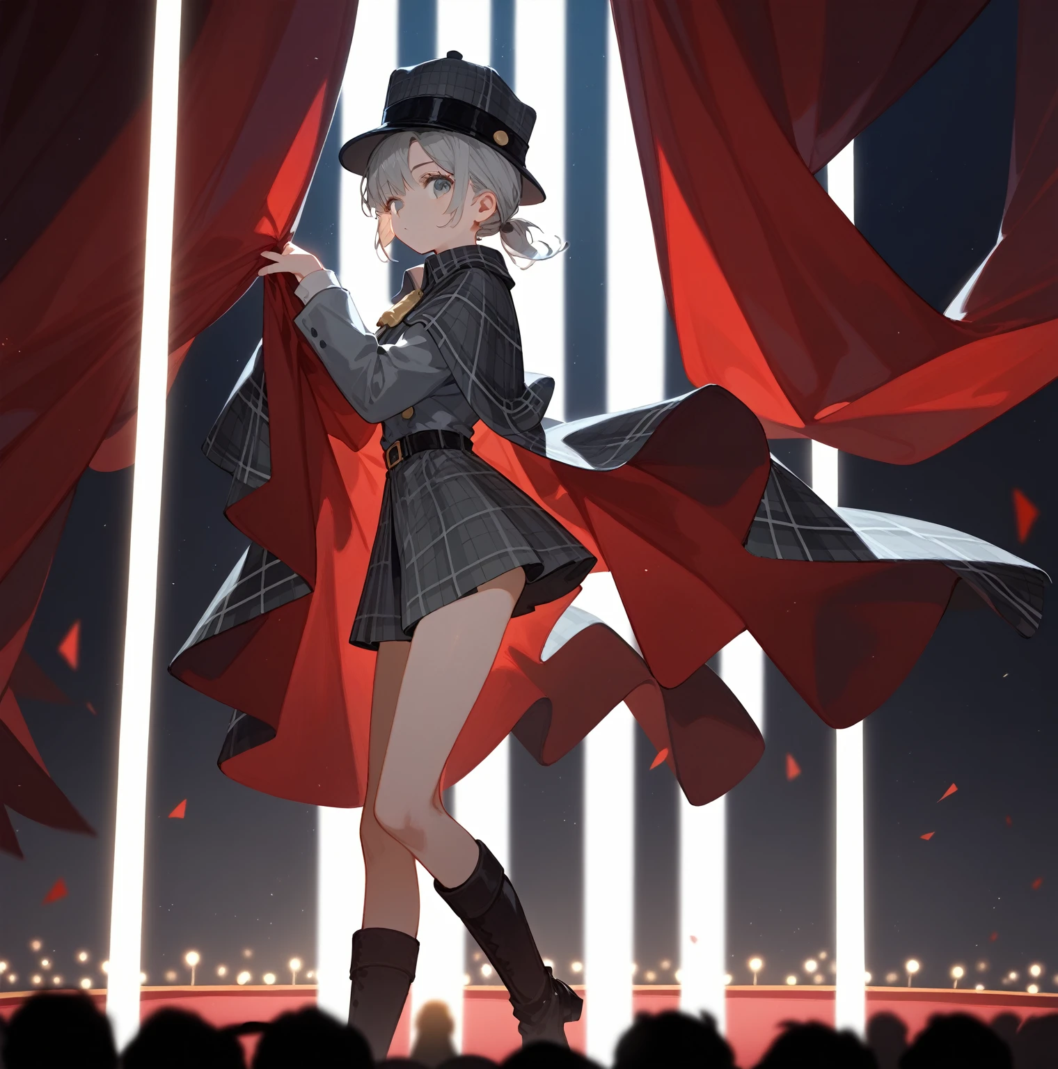 Gray short hair，Small ball single ponytail，Bangs cover one eye，Detective Sherlock Holmes hat，Grey plaid cape，whole body，stage，spotlight，Movie lighting，Lifting the red curtain，probe