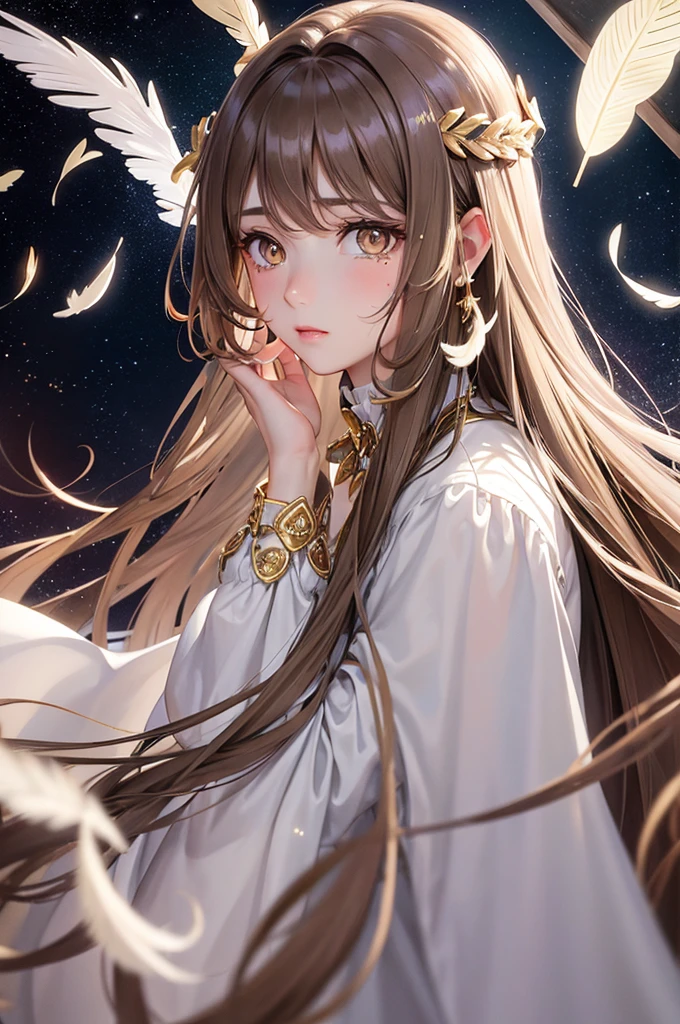 Brown Hair　long hair　Golden Eyes　　Cat Eyes　Crying Mole　Beauty　beautiful　Silver Angel　White Feather　Halo　Starry Sky