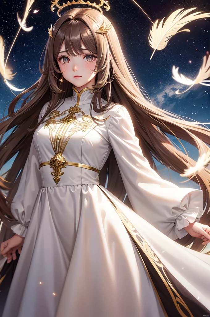 Brown Hair　long hair　Golden Eyes　　Cat Eyes　Crying Mole　Beauty　beautiful　Silver Angel　White Feather　Halo　Starry Sky