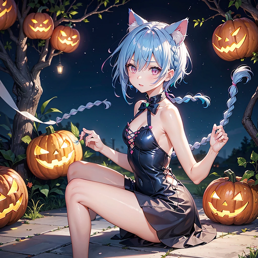 (Sky blue hair),(Braided short hair), (Pink Eyes),Fair skin) ,(whole body),(One Girl),(There are lots of pumpkin ghosts in the background),Cat ear,Cat's Tail,(Sailor suit),(Bruises and ugly faces),(Fall into Darkness),If you don't give me sweets, I'll play a prank on you.),(Halloween Night Party),(masterpiece, Highest quality, Very detailed, Best Shadow), (Detailed Background), (Beautifully detailed face), High Contrast, (Best lighting, Very delicate and beautiful), ((Cinematic Light)), Hyper Detail,8k, Dramatic Light, Intricate details,night,(Bats flying in the background),High quality