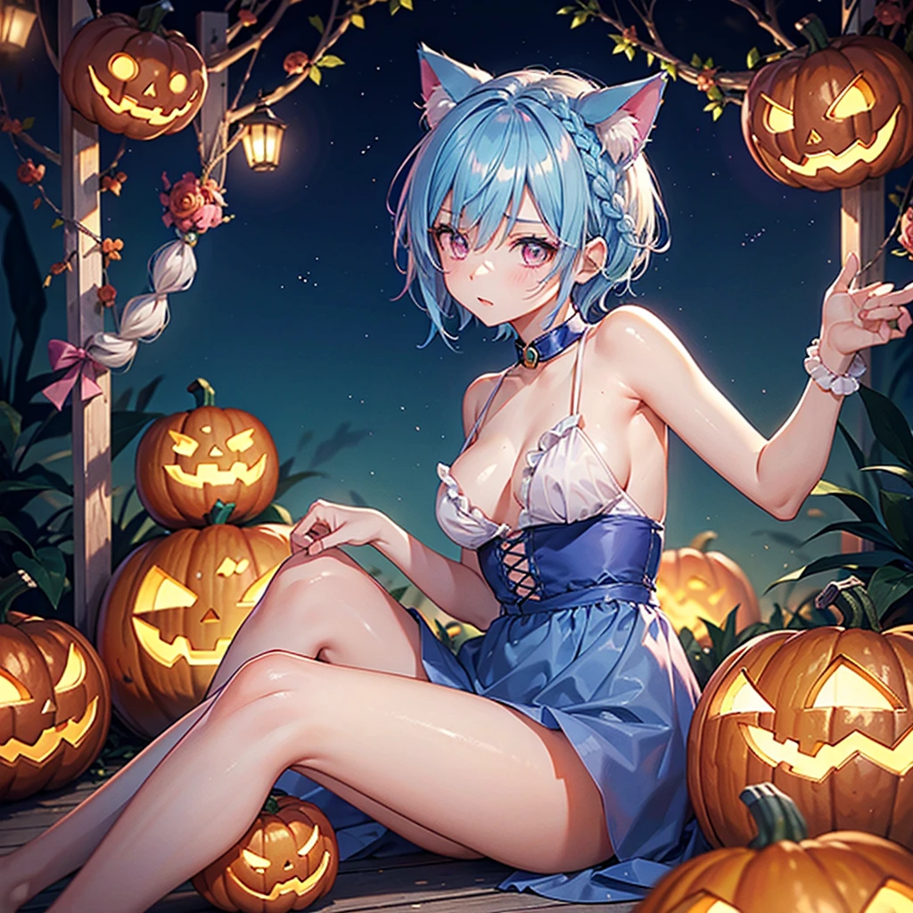 (Sky blue hair),(Braided short hair), (Pink Eyes),Fair skin) ,(whole body),(One Girl),(There are lots of pumpkin ghosts in the background),Cat ear,Cat&#39;s Tail,(Sailor suit),(Bruises and ugly faces),(Fall into Darkness),If you don't give me sweets, I'll play a prank on you.),(Halloween Night Party),(masterpiece, Highest quality, Very detailed, Best Shadow), (Detailed Background), (Beautifully detailed face), High Contrast, (Best lighting, Very delicate and beautiful), ((Cinematic Light)), Hyper Detail,8k, Dramatic Light, Intricate details,night,(Bats flying in the background),High quality