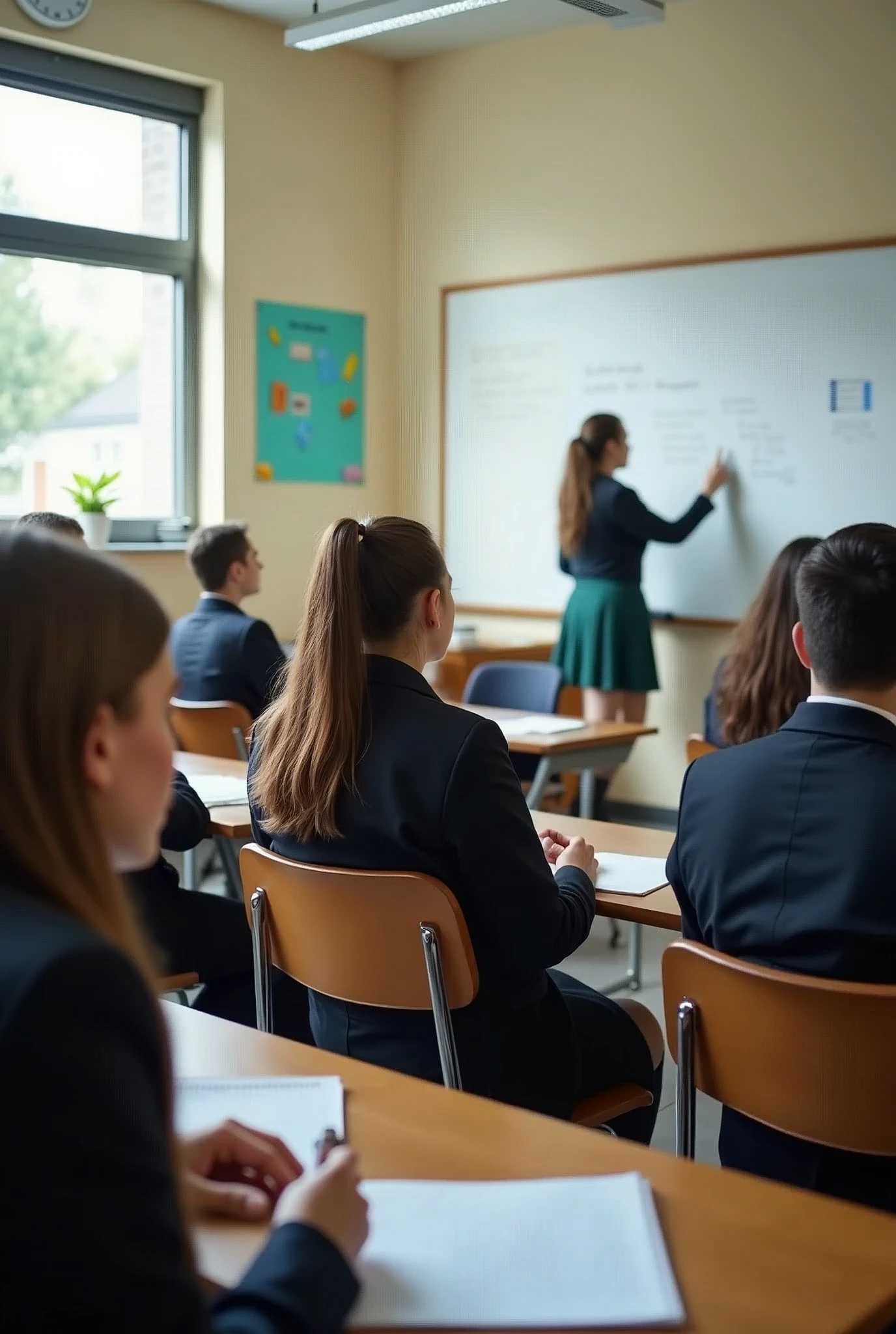A realistic, high-quality stock photo-style image of a high school classroom. The scene depicts students aged 15-18 wearing semi-formal uniforms, seated at their desks and actively writing. A teacher stands at the front, explaining something on the whiteboard. The classroom is well-lit with natural light from windows, creating a bright and clear atmosphere. The room is neatly organized with rows of desks, educational posters on walls, and typical classroom equipment visible. Students show a range of engaged expressions, some looking at their notebooks, others at the teacher. The image captures fine details like the texture of clothing, the grain of the desks, and the writing on the whiteboard. The overall composition is balanced and professional, mimicking the style of a carefully staged yet natural-looking stock photograph."