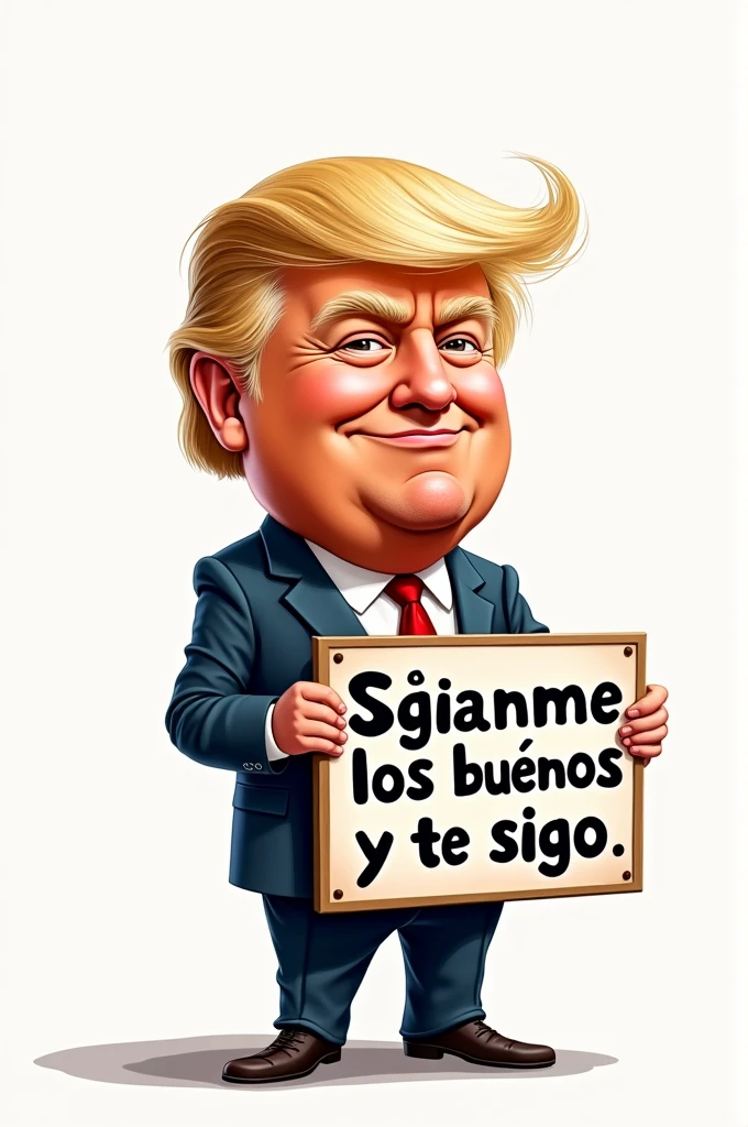 A cartoon of Donald Trump holding a sign that says "siganme los buenos y te sigo"
