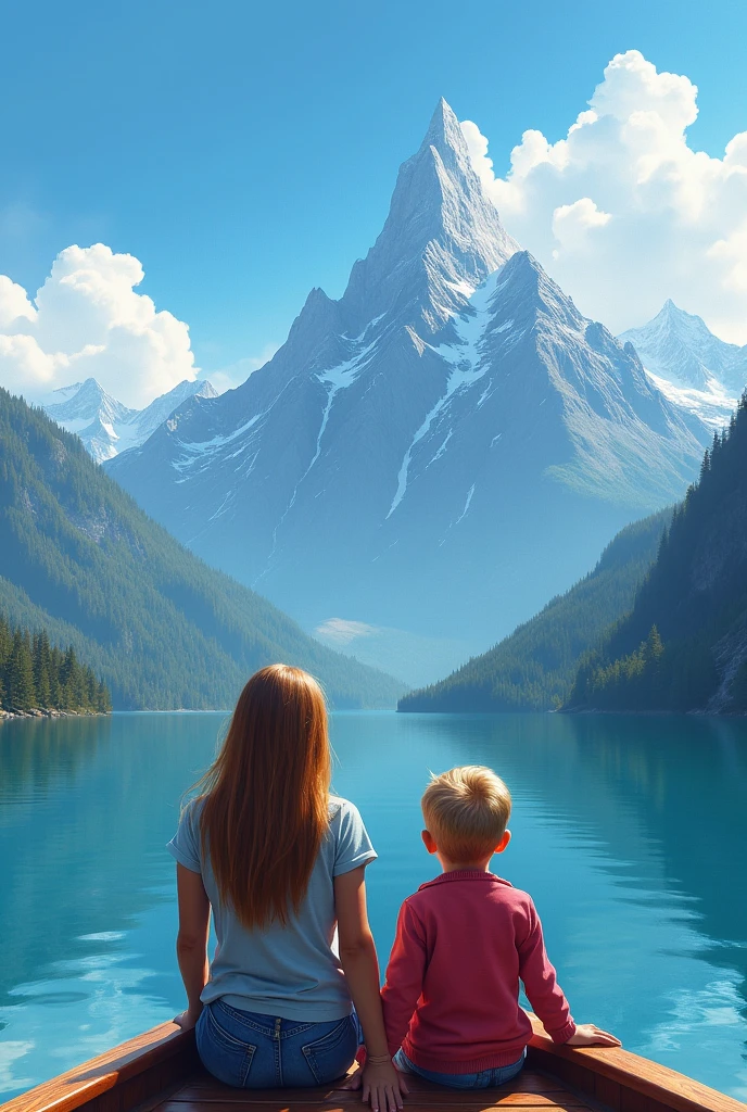 The realistic image of girl and boy on boat facing towards the beautiful mountain, haill, blue sky,