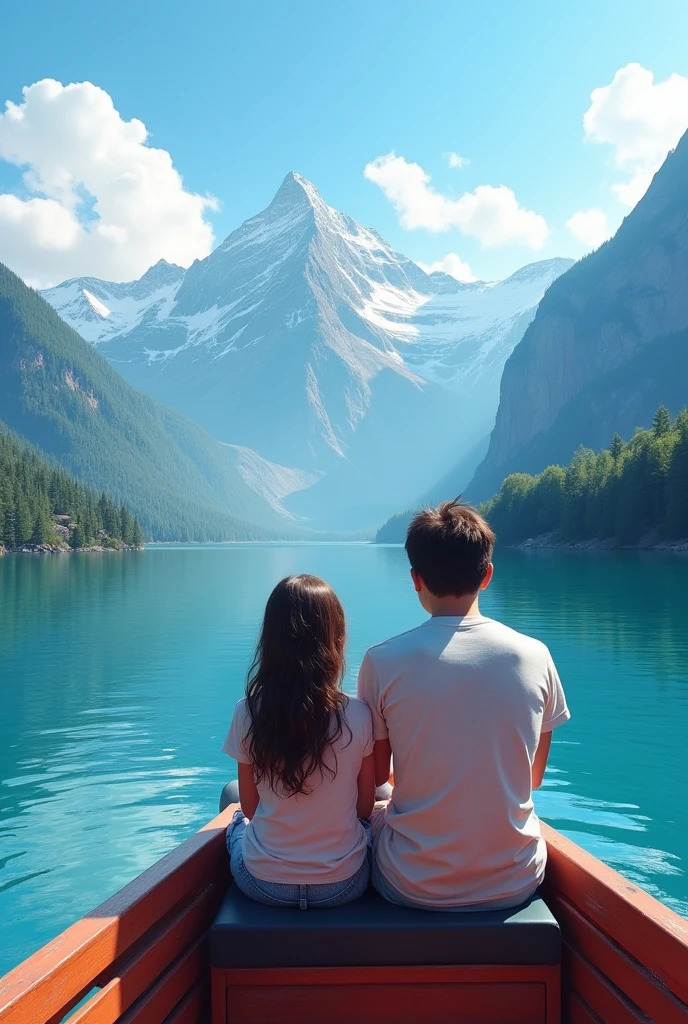 The realistic image of girl and boy on boat facing towards the beautiful mountain, haill, blue sky,