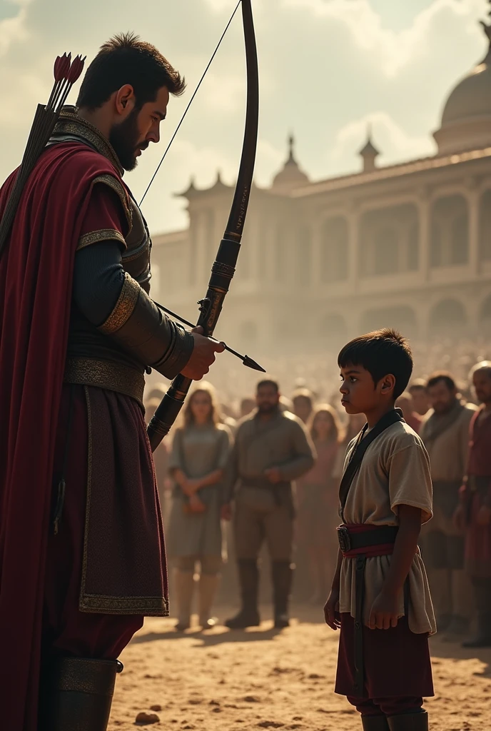One of the king's men was aiming his bow at a great distance, his eyes filled with anger, in order to kill the boy amidst the crowd of witnesses. However, the boy did not feel any fear.