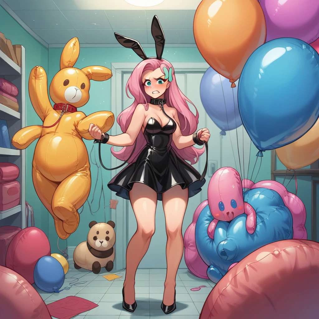 BDSM, colorful balloons, balloon fetish, inflatables, looner, Tsundere sadistic femdom mistress mlpfluttershy in black latex bouffant dress and high heels walking on a leash her inflatable latex slave with inflatable collar and balloons suit, feet worship, medium naked thighs, medium breasts, hair ornament, fake bunny ears, perfect feet, balloons everywhere, huge inflatable toys around, inside inflatable room, inflatable balloon bondage, pear type of body shape, perfect face
