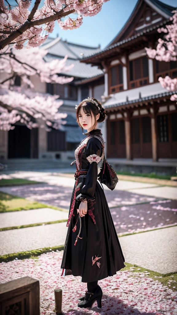 assassin feman, royal hairstyle,cherry blossom petals falling, lowcut gothic clothing with a sense of fragmentation ,dashing posture,a translucent dragon appears lean back her,CINEMATIC LIGHT