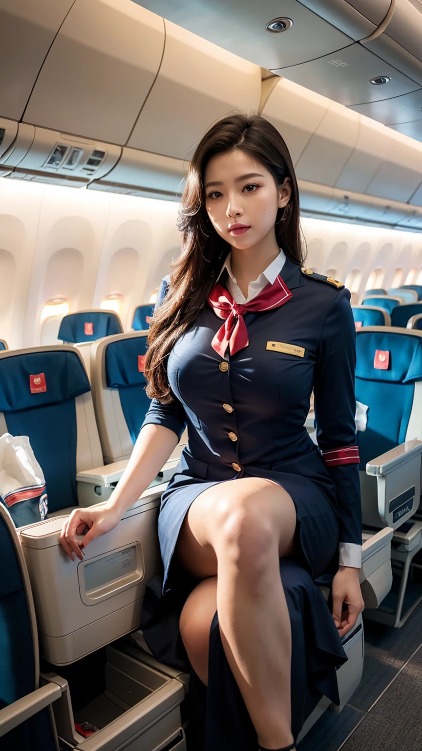 1woman, 20yr old、hyperdetailed face、Detailed lips、A detailed eye、double eyelid、(black long hair、Like an airplane stewardess々Do a good job)、(Stewardess uniform:1.2)、(Glamorous body),smil、thighs thighs thighs thighs, Perfect fit, Perfect image realism, Background with: (Business Class aisle on airplanes:1.2), Cowboy Shot, Meticulous background with, detailed costume, Perfect litthing、Hyper-Realism、(Photorealistic:1.4)、8K maximum resolution, (masterpiece), highly detailed, Professional