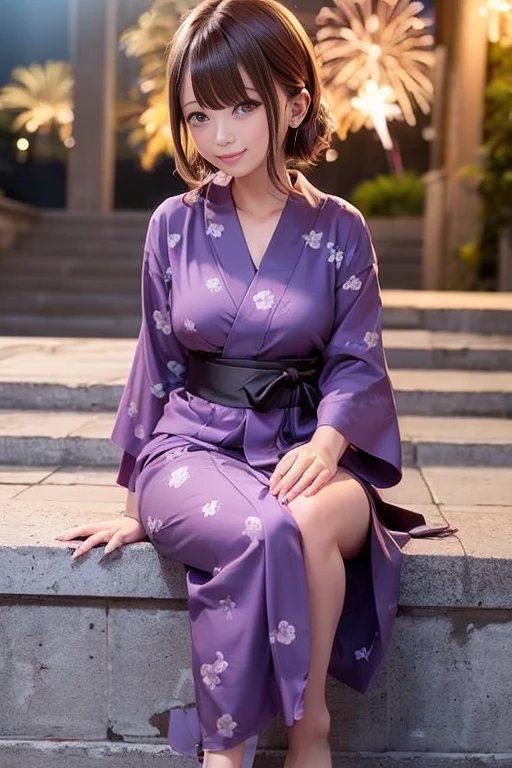 (Fireworks display)、(Cute yukata、Beautiful yukata、Sexy Yukata、Yukata Cosplay)、A girl sitting on stone steps、Long raw legs、Bust Emphasis、Short Bob Hair、Medium breast、masterpiece:1.3、Raw photo quality、Highest quality、Detailed Images、Detailed Background、