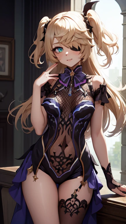 Young blonde girl, black eye patch, twin large ponytails, 
BREAK (masterpiece:1.2), best quality, high resolution, unity 8k wallpaper, (illustration:0.8), (beautiful detailed eyes:1.6), extremely detailed face, perfect lighting, extremely detailed CG, (perfect hands, perfect anatomy), joyful, laughing, Happy, (thigh corset with deep lace neckline), portrait (3:4), posing. In darkness next to a scary castle.