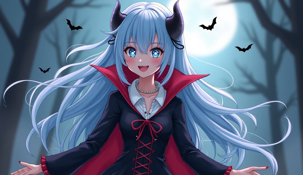 koshkodevochka, Light blue hair, light blue eyes, 2D art, long hair, soft anime style, anatomical proportions in a vampire costume, Halloween, smiling, Interesting composition, interesting pose, full body, vampire fangs