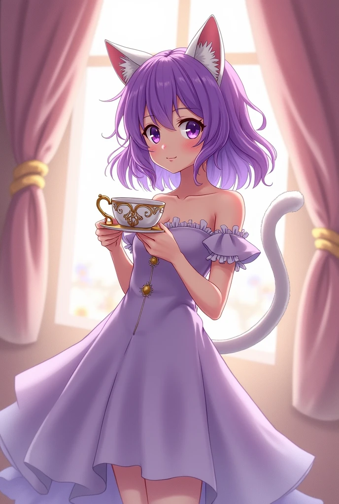 Anime girl purple hair standing, wear a dress content about tea cup royal, have white tail and white ear cat