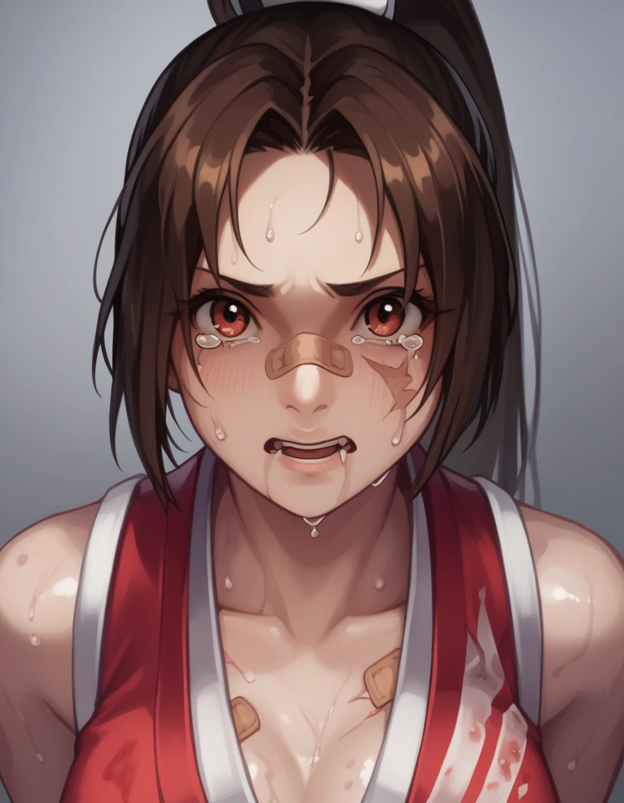Mai Shiranui,
zombie, Escape to, score_9, score_8_superior, score_7_superior, score_6_superior, score_5_superior, score_4_superior、
Face full of scars、Skin shiny with sweat、、 crying wet bursting out eyes, real tears streaming down face, ultra-detailed eyes,,expression of despair,Illumination that emphasizes shiny sweat{{{Spread }}},Infuriated, bandaid on face,tatteredclothing