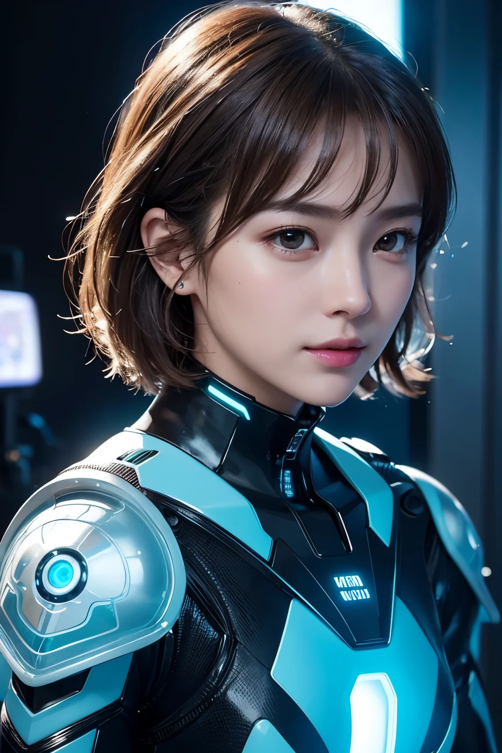 Highest quality、masterpiece、Ultra-high resolution、Hyperrealism、Photorealistic、Portrait、Beautiful Humanoid、Realistic Skin、Light brown short hair、A Little Smile、Intricate decorative details、Very complex mechanics、Neon Details、Circuit boards and light-emitting elements、Precise construction、Cold, mechanical beauty、Bioluminescence、LED Fiber Optic、Space suit with plastic details、High-tech control room inside a spaceship、