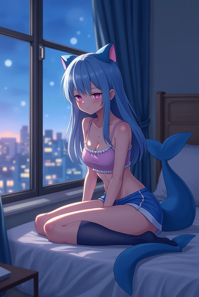 A 18 year old anime-style boy dressed in a crop top with shorts on with fishnets and thigh highs, garbed in soft shades of blue and pink, and he has a shark tail and ears . He is portrayed sleeping nesxt to a window that has a city though the window while its night 