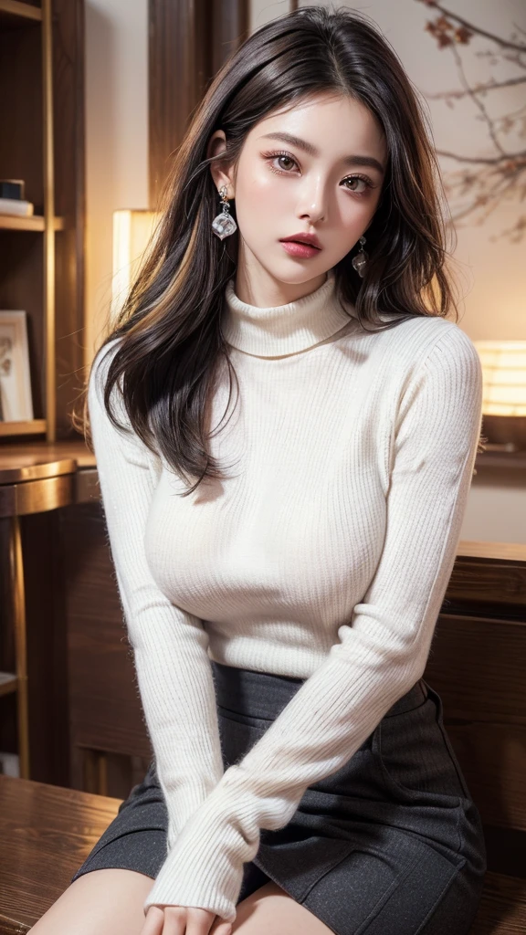 (8K, highest quality, masterpiece:1.2),  (realistic, Photoreal:1.37),  Super detailed, one girl, (very detailed), (detailed and beautiful eyes), ((((highly detailed artwork))))、(masterpiece、Highest quality、In 8K、32K、masterpiece、Super huge 、Ultra-high resolution、Impressionism、Realistic:1.2)、((fullbody)),  Sharp focus、Beautiful face with detailed background of face and eyelids、Glowing Skin、Sharp pupils、Realistic eyes and beautiful face、Blurred Background、Beautiful 28 year old girl、Glowing Skin、(((bright and beautiful hair)))、(big breasts)、curve、Powerful composition,  ((seductive looks))、((horny expression))、Earrings、((Two-toned hair))、[pink hair]、(long hair),  (straight dark blue hair), (((Inside a stylish secondhand clothing store)))、((wearing a white high neck sweater that is slightly tight),  ((tucked into a high-waisted black skirt)), (((a mini hand mirror on her hand))), (((applying lipstick on her lips)))
 She is seated on a wooden surface,  The overall mood is professional and sophisticated、