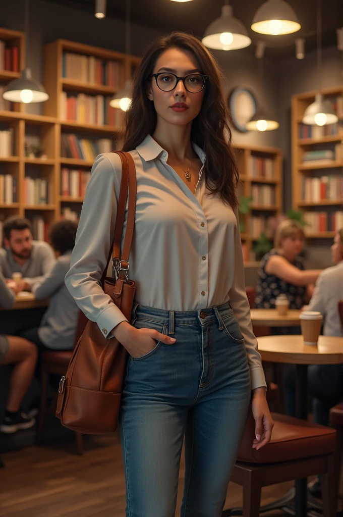 High waisted jeans, semi formal, powerfull girl, in a bookshop cafè