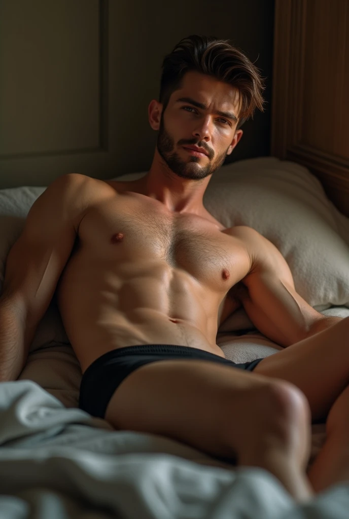 A man in black trunk underwear in bed room and were tank top under vest