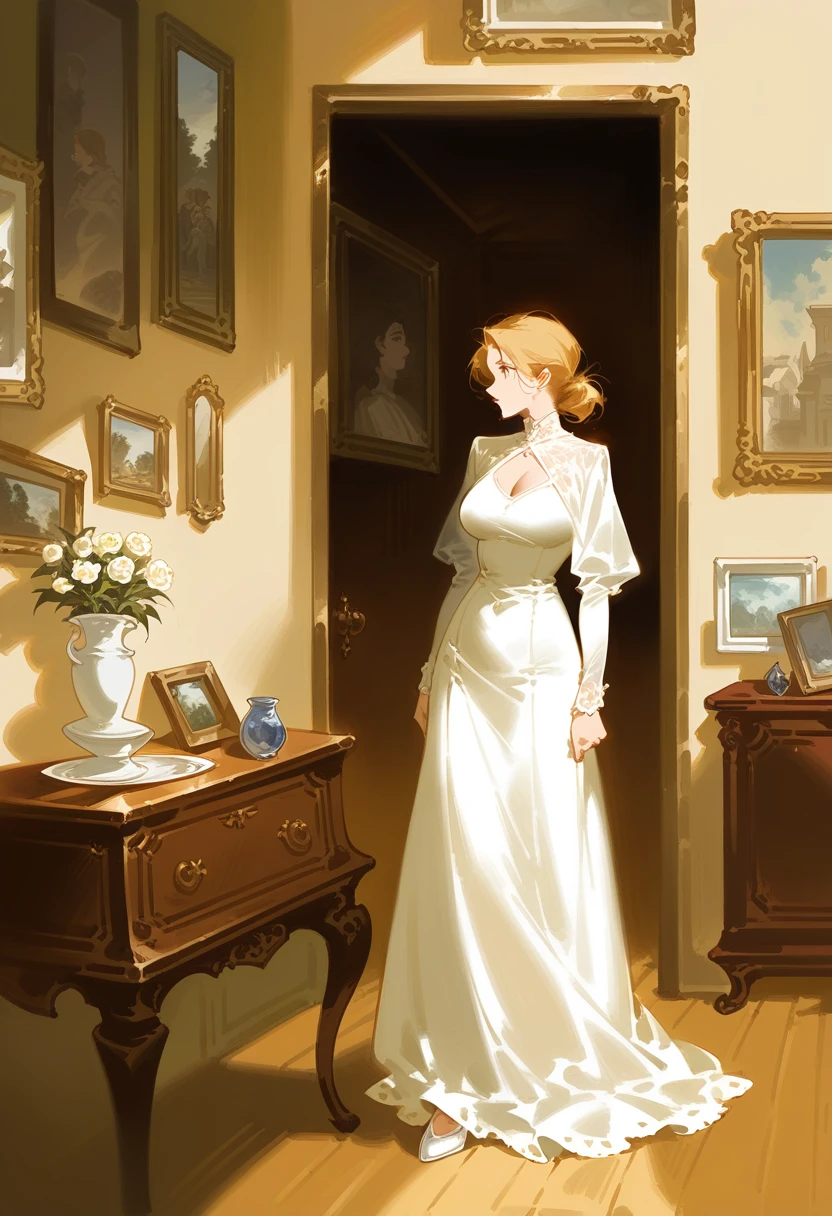 painting of a woman in a white dress standing in a room, dean cornwell style, part dean cornwell style, by Julius Klinger, by Carl Eugen Keel, by Dean Cornwell, alexi zaitsev, interior scene, by Enrique Simonet, inspired by Enrique Simonet, by Eugène Brands, by Rinaldo Cuneo