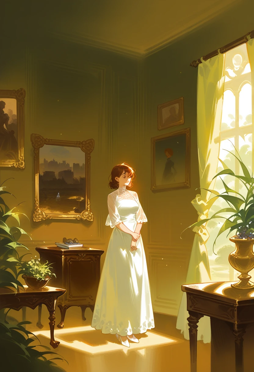 painting of a woman in a white dress standing in a room, dean cornwell style, part dean cornwell style, by Julius Klinger, by Carl Eugen Keel, by Dean Cornwell, alexi zaitsev, interior scene, by Enrique Simonet, inspired by Enrique Simonet, by Eugène Brands, by Rinaldo Cuneo