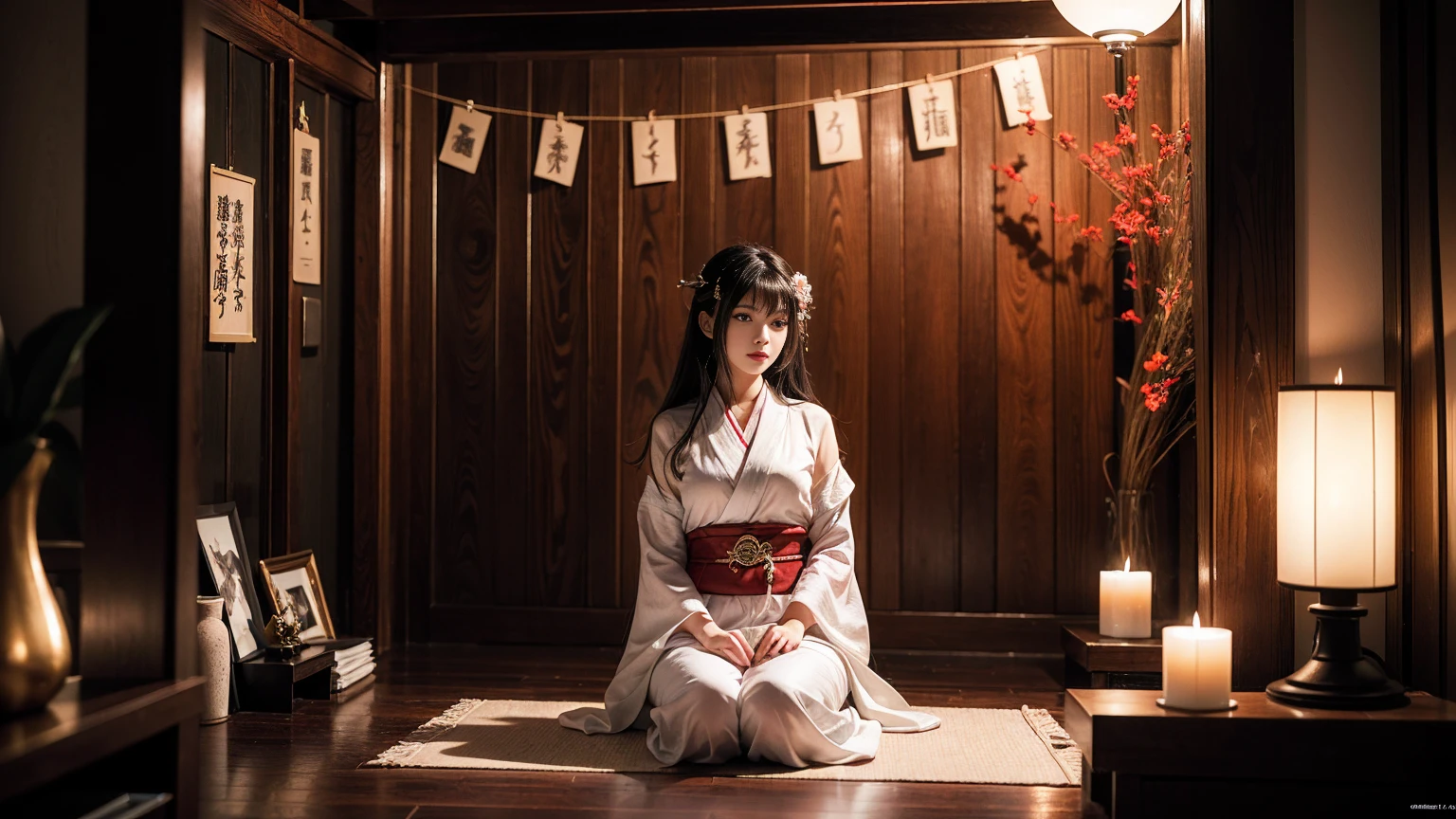 (One girl:1.3),alone,__Body parts__,, Official Art, unity 8k wallpaper, Super detailed, beautiful and aesthetic, beautiful, masterpiece, Highest quality,A fantastic atmosphere, Calm palette, Calm mood, Soft Shading,, Shrine maiden, incantation, Amulet Familiar, Shrine maidenの務め,