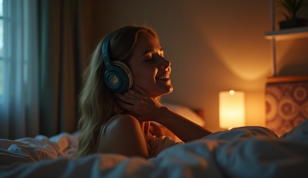A Night of Music: She put on her earphones and closed her eyes.. Her room was filled with beautiful melodies.、She was completely absorbed in music.。. 「It doesn't get any more reassuring than this」, She couldn't help but smile.