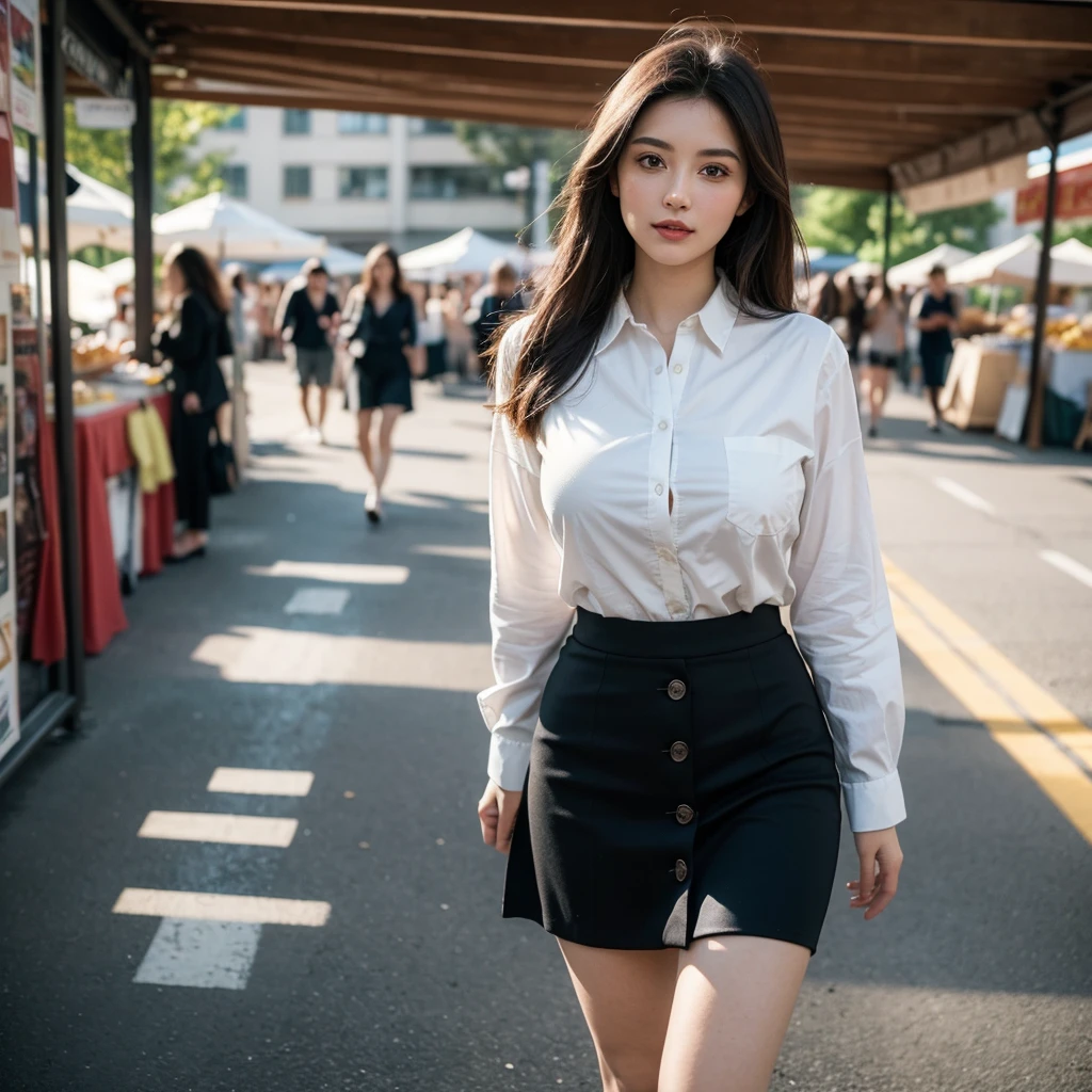 A beautiful girl., alone, Model, full body, long hair, put on makeup, Chapped lips, big breasts, rift, Wear a button-down shirt., not good, Short cotton skirt, (look at viewer), Walking in the middle of the market, thigh, soft light, Film texture, upper body, epiCPhoto, (best quality:1.2), (Masterpiece),((Very detailed)),