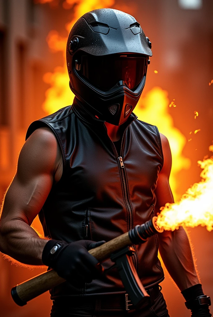 Movie Poster, a man, full-face bike helmet, sleeveless black leather jacket, flamethrower, title logo "The Exterminator", 